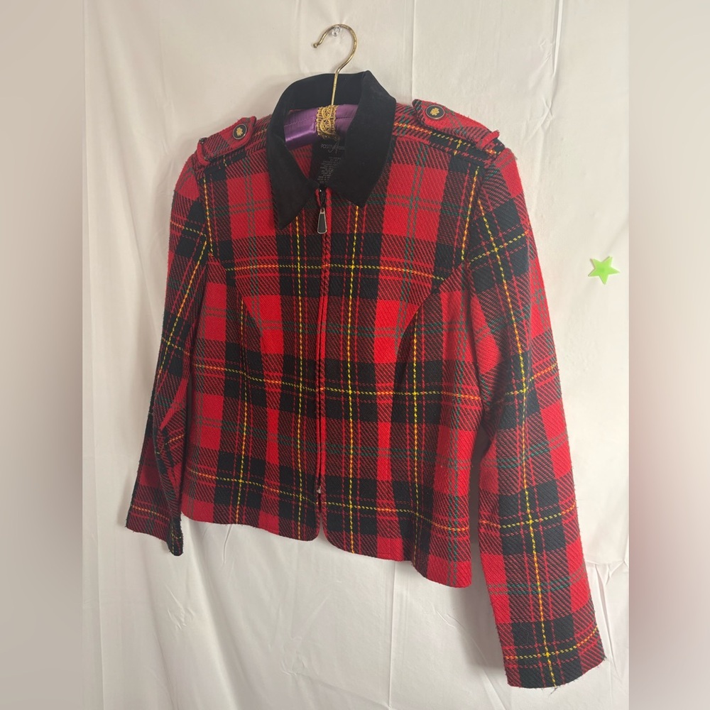 VTG Red+Black Plaid Bomber Jacket Faux Suede Collar Gold+Black Epaulet Size S/M
